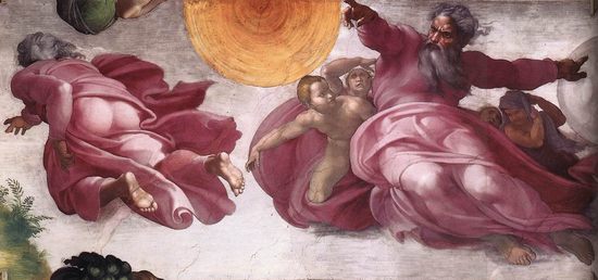 La création du soleil, de la lune et des plantes - Michel-Ange - 1511 - Chapelle Sixtine, Vatican, Italie