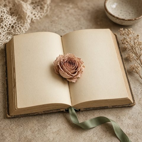 Livre ouvert, ruban et rose séchée